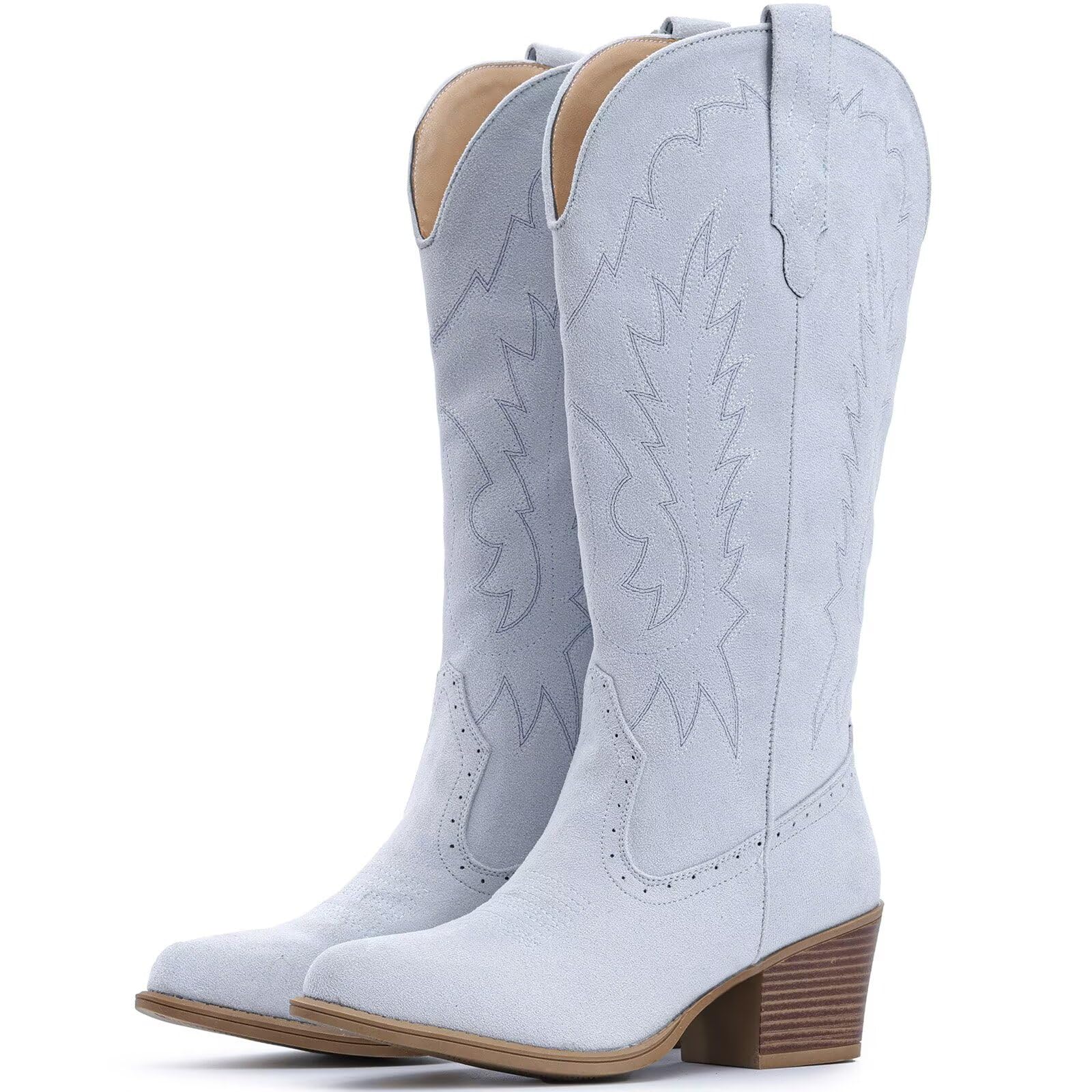 Photo 1 of ***(HEAVILY USED/ MINOR DAMAGE)***IUV Suede Cowboy Boots For Women Chunky Heel Pointed Toe Cowgirl Boots Mid Calf Western Embroidery fall Boot