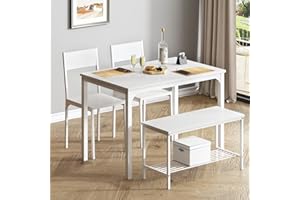 SogesPower Dining Room Table Set 43 Inch Kitchen Table Set with 2 Chairs and Bench, Dining Room Table Set for 4 Home, Kitchen, Dining Room, Restaurant, White