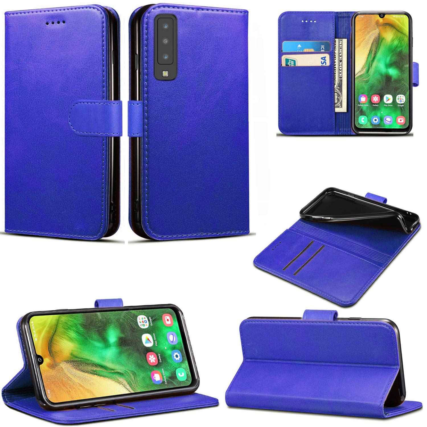 Mobile Stuff Case Compatible with Samsung Galaxy A50 (2019), Leather Case Flip Folio Book Case Wallet Cover with Magnetic Closure & Kick Stand for Galaxy A50 (Blue)