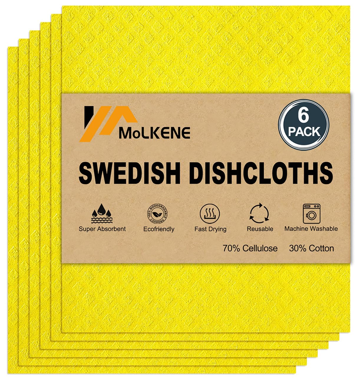Photo 1 of MoLKENE Swedish Dishcloths for Kitchen | 6 Pack Absorbent Cellulose Sponge Cloths Washable | Non-Scratch Reusable Paper Towels Quick Drying Cleaning Cloths - Yellow