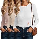 Evervibe 3 Pack Women's Ribbed Long Sleeve Thermal Tops Thin Fleece Lined Crew Neck Shirts Warm Basic Undershirt for Winter