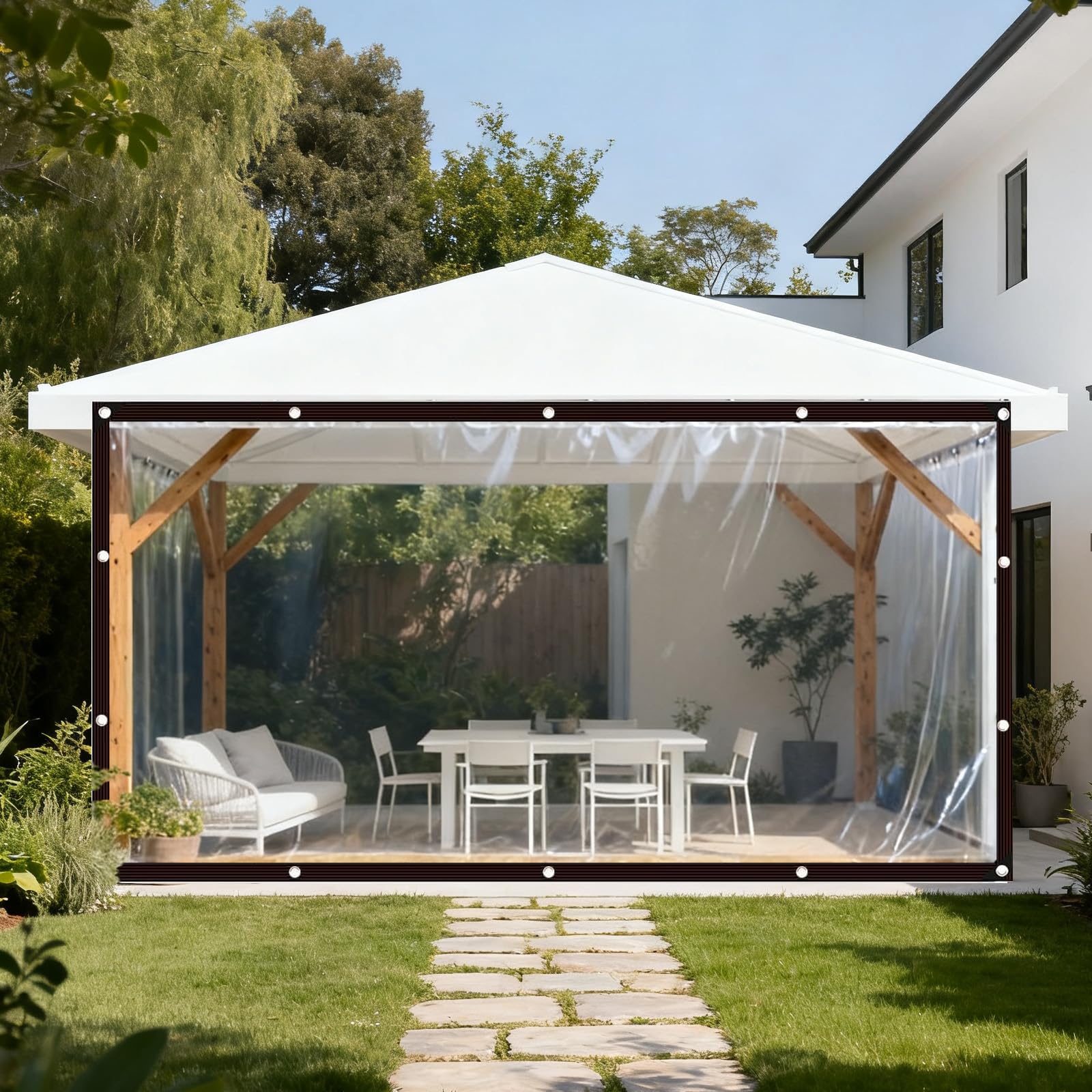 Photo 1 of 8x10ft Clear Waterproof Tarp with Grommets Upgraded Edge Heat Fused with Windproof Rope+Tie-Downs, Tear Resistant Clear Heavy Duty Tarps for Patio Fencing, Rain, Wind, Cold (8x10ft)