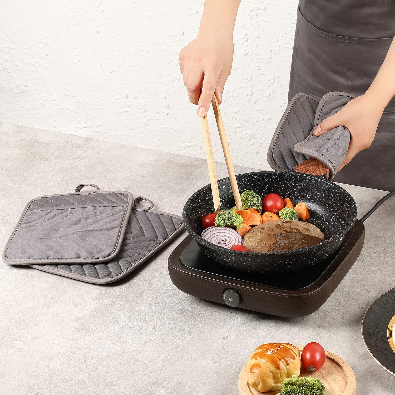 VEIKERY Oven Pot Holder with Pocket 100% Cotton Heat Resistant Coaster Potholder Kitchen Hot Pad Oven Mitts for Cooking and Baking Square Set of 3 7\