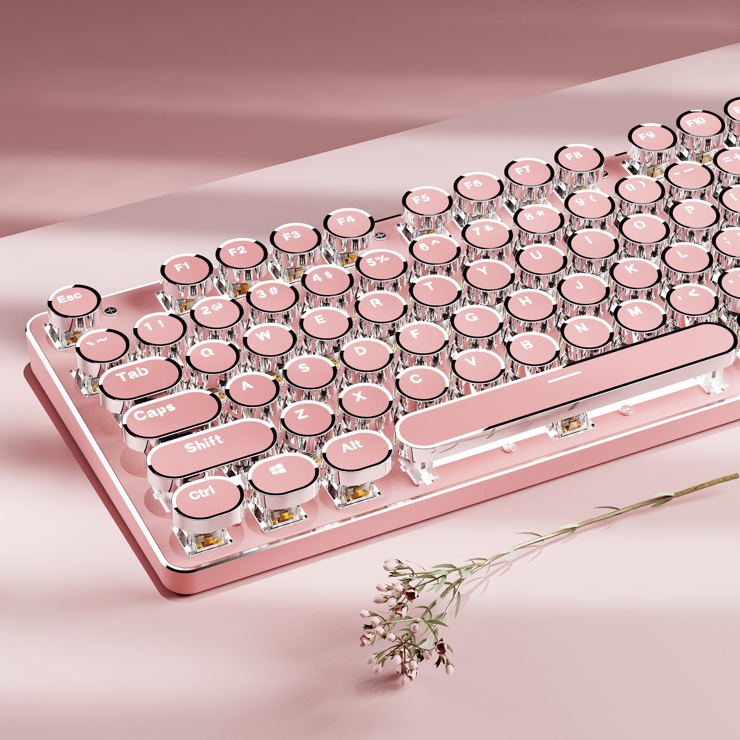 EWEADN TK950 Typewriter Keyboard Wireless Mechanical Keyboard, 104 Keys Aesthetic Typewriter Keyboards with White Backlit, Anti-Ghosting, Blue Switch Bluetooth/2.4GHz/Wired Keyboards-Pink