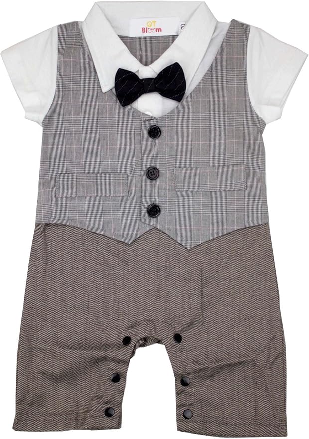Baby Boy Formal Tuxedo Romper with Bowtie (Checkers Grey