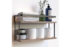 RICHER HOUSE Dual-Level Guardrail Floating Shelves, Rustic Wood Shelf Wall Mounted, Over Toilet Paper Storage Shelf for Bathroom Wall Decor, Bathroom Organizers and Kitchen Storage - Rustic Wood