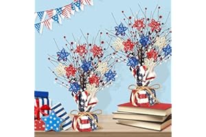 Kenburg 2 Pcs 4th of July Artificial Tree Tabletop Decor Patriotic Tree Red Blue White Artificial Berry Stem Picks Star Shaped Rattan Balls America Flag Cotton Base Farmhouse Tree for Independence Day