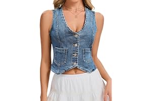 Genhoo Denim Vest Sleeveless Jean Vest Top for Women V Neck Button Down Cropped Denim Top with Pockets