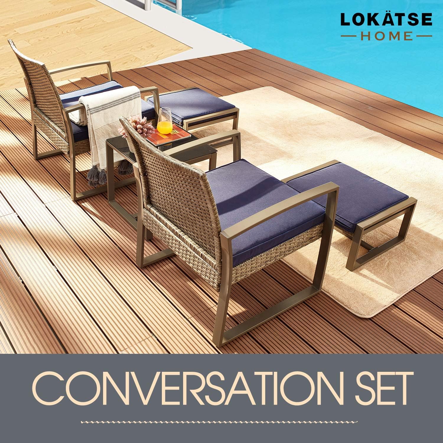 LOKATSE HOME 5-Piece Wicker Outdoor Conversation Set Patio Furniture PE Rattan All Weather Cushioned Chairs Balcony Porch with Ottoman and Glass Coffee Side Table, Blue: Garden & Outdoor