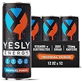 Yesly Energy Drink, Tropical Punch, Naturally Flavored Sparkling Energy Drink With Electrolytes, Magnesium, Potassium, Vitamin C, B6 & B12, Natural Caffeine From Green Tea, 12 Fl Oz Cans, 12 Pack