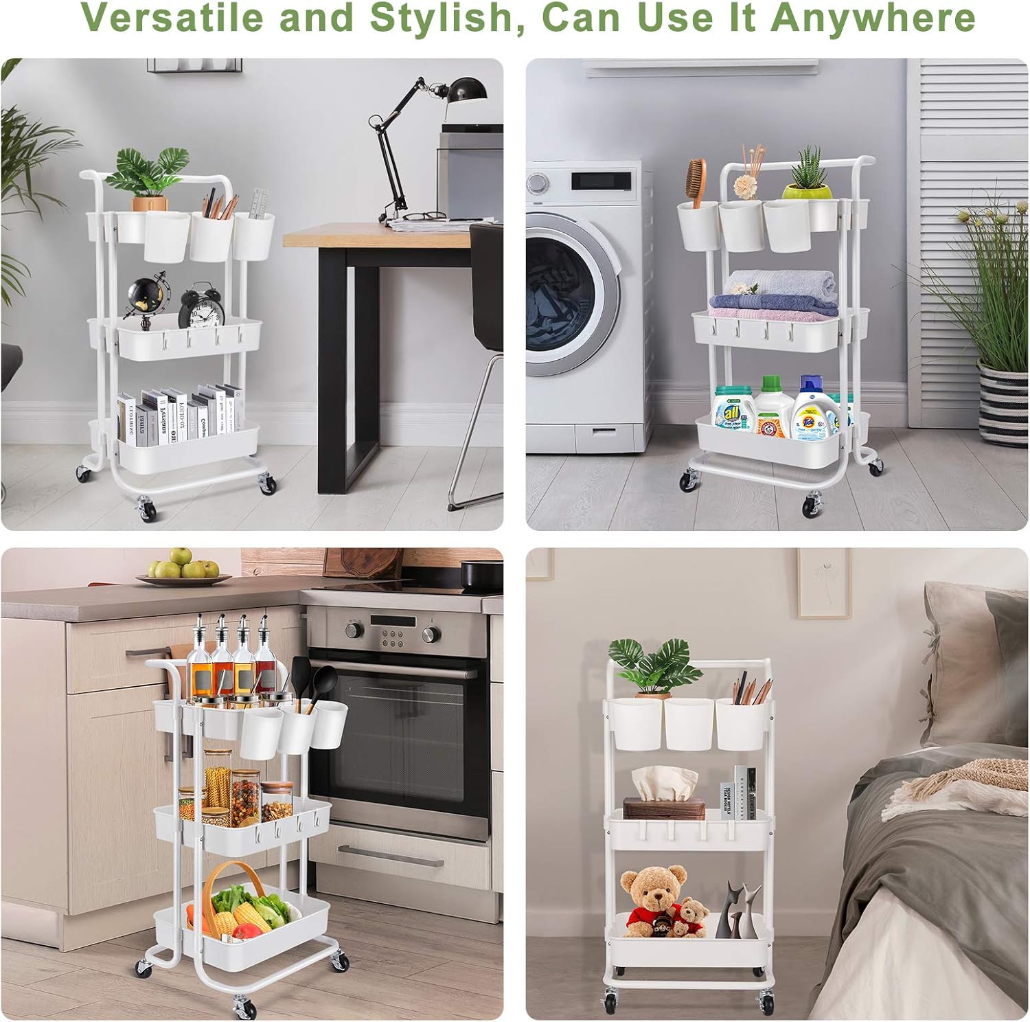 LEHOM 3-Tier Rolling Utility Cart with Hanging Cups & Hooks & Handle, Multifunctional Art Cart Organizer Storage with Wheels, Easy Assembly for Office, Bedroom, Kitchen, Bathroom, Laundry (White) : Office Products