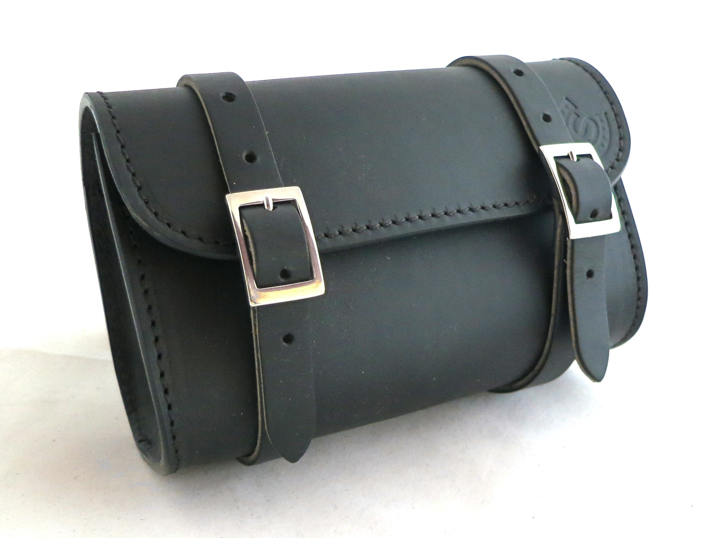 Small Handmade Leather Barrel Pouch for Motorcycle Custom Style BA175 Black