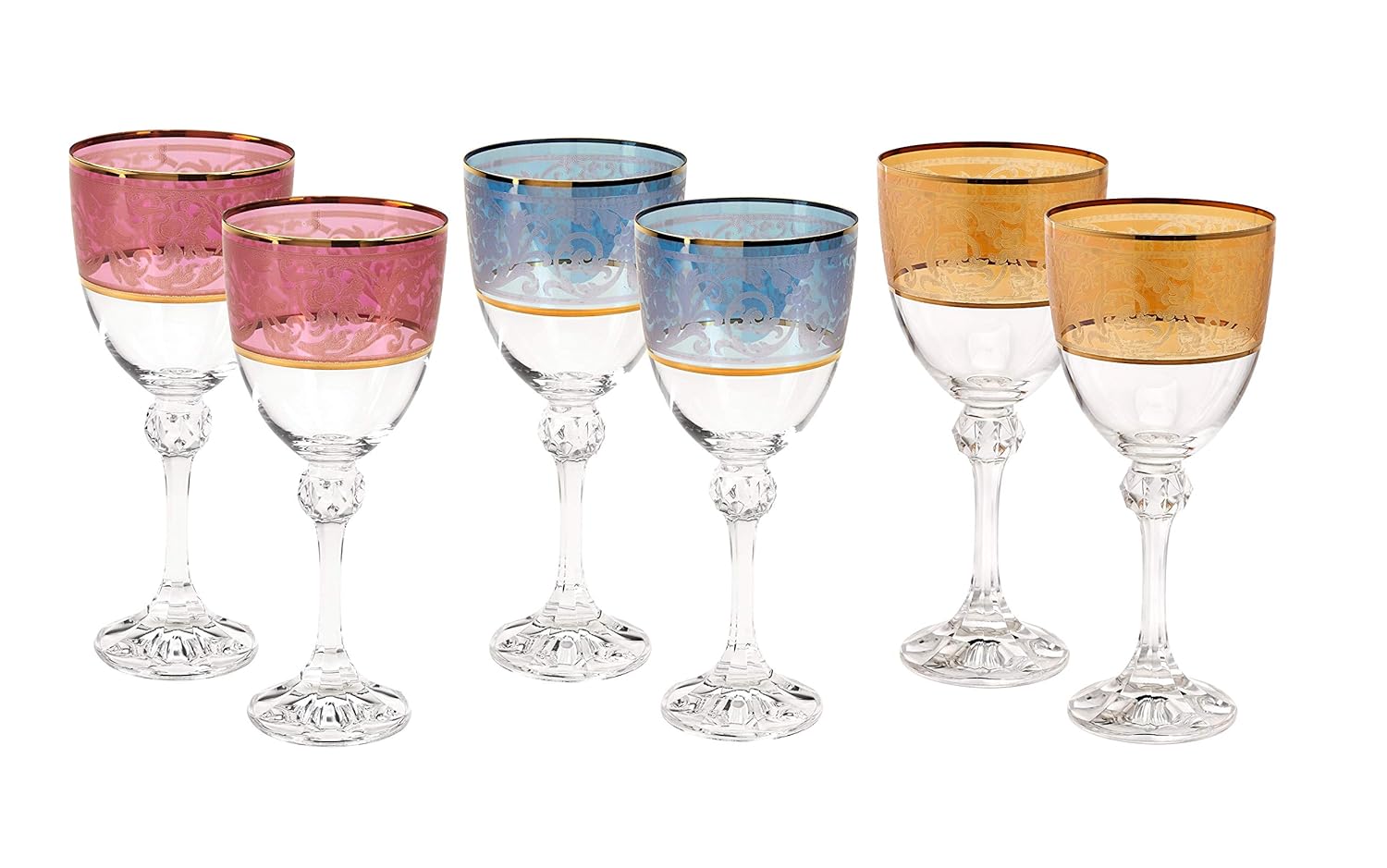 "Cristalleria Fratelli Fumo" Italian Crystal Etched Wine Water Beverage Glasses, 10 oz. Multicolored 24 Kt Gold Rimmed Goblets, Hand Made in Italy, Set of 6