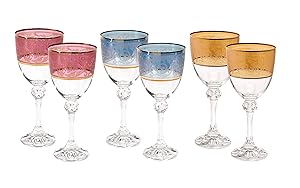 "Cristalleria Fratelli Fumo" Italian Crystal Etched Wine Water Beverage Glasses, 10 oz. Multicolored 24 Kt Gold Rimmed Goblets, Hand Made in Italy, Set of 6