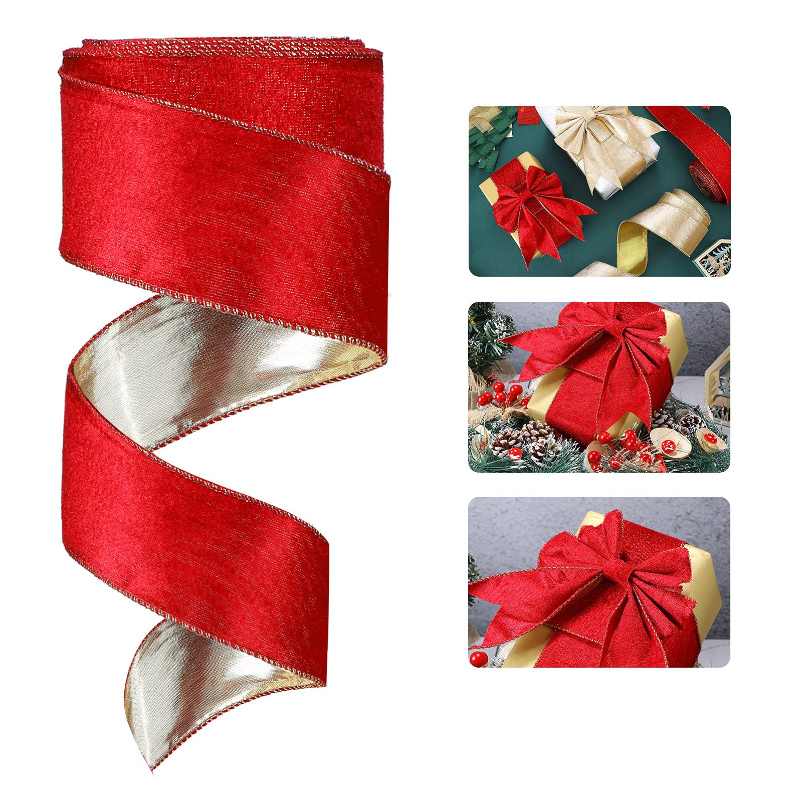 Xinnun 2.5 Inch x 20 Yards Red Christmas Velvet Wired Ribbon with Satin Soft Christmas Ribbon for Gift Wrapping Xmas Tree Decoration Crafts Wreaths Bow Making
