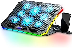MOOJAY C50 Laptop Cooling Pad Gaming Notebook Cooler, 10 Modes RGB Lights Laptop Cooling Fan Stand 8 Adjustable Heights with 8 Quiet Fans and Phone Holder, for 15.6-17.3 Inch Laptops - Ice Blue
