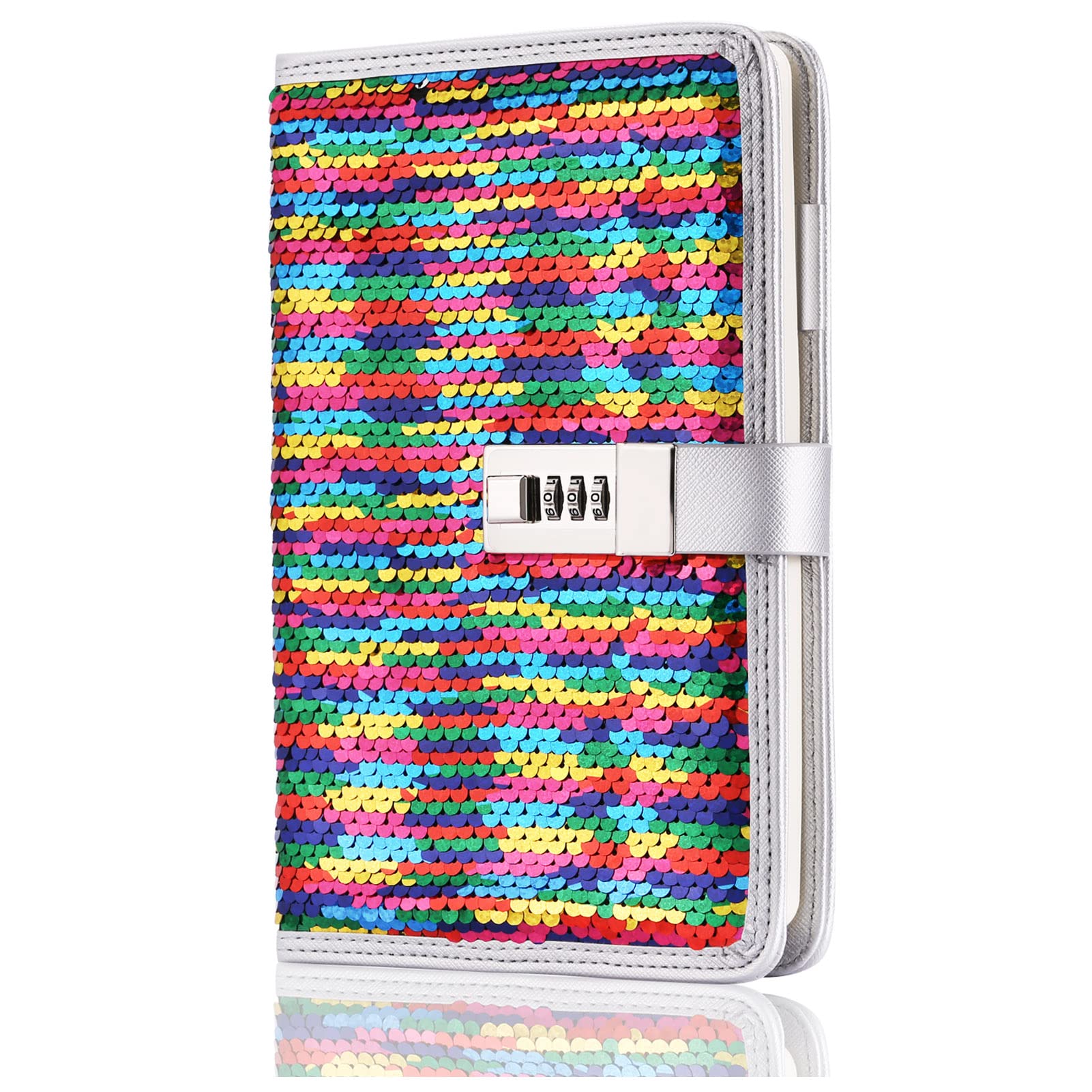 VIPbuy A5 Lined Refillable Diary with Combination Lock Pen Holder and Card Slots, DIY Reversible Sequin Personalised Journal Notebook for Women Girls Birthday Gifts (Rainbow to Silver)