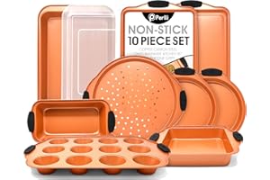 Perlli Baking Pan 10 Piece Set Nonstick Copper Steel Oven Bakeware Kitchen Set with Silicone Grips, Cookie Sheets, Round Cake Pans, 9x13 Pan with Lid, Loaf Pan, Deep Pan, Pizza Crisper, Muffin Pan
