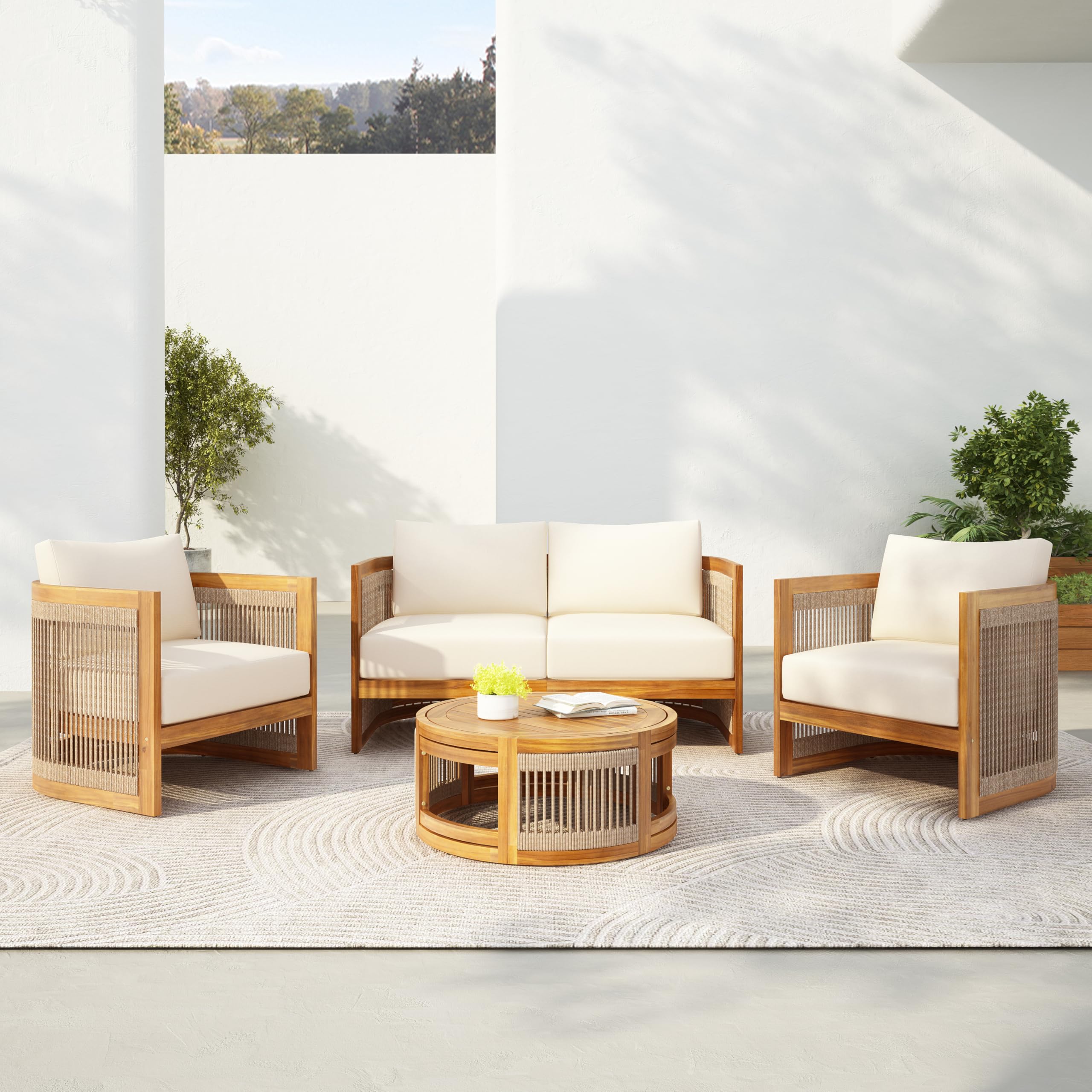 Photo 1 of ** (3 BOX SET) ** Merax 4-Piece Patio Premium Acacia Wood Outdoor Furniture Set,All Weather Curved Tub Design with Woven Rope Accents Loveseat Chairs and Table for Backyard, Balcony and Deck,Teak+ Beige