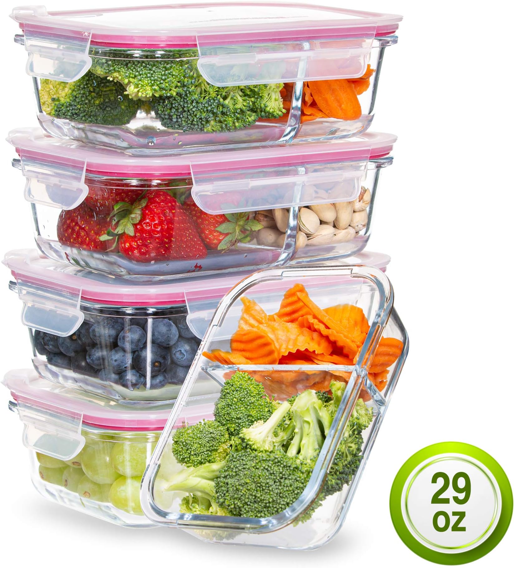 Glass Meal Prep Containers- 2 Compartment Bento Box -Portion Control Food Storage Travel Size (4 pack)-Stack-able with BPA Free- LIFETIME Airtight Locking Lids- Microwave/Dishwasher/Oven/Freezer Safe