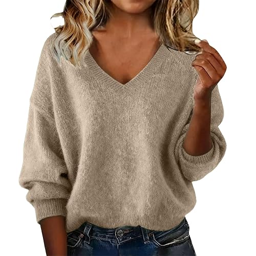Gezqieunk Ladies Long Cardigans Woman Hoodie Ladies Jumpers Cashmere Knitted Sweaters Low Neck V Neck Sweatshirts Long Sleeve Tops Womens Fashion Solid Color Christmas Pullover Beige L