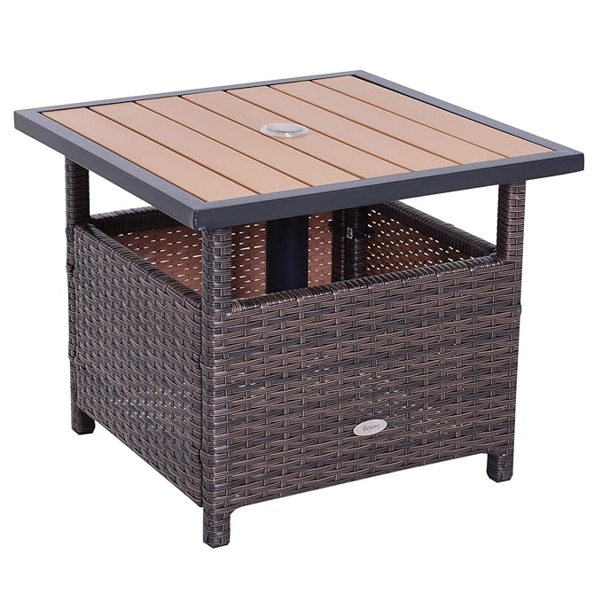 Outsunny Polyrattan Beistelltisch Gartentisch Terrassentisch Schirmständer für Sonnenschirm inkl. Sandsack Braun L55,5 x B55,