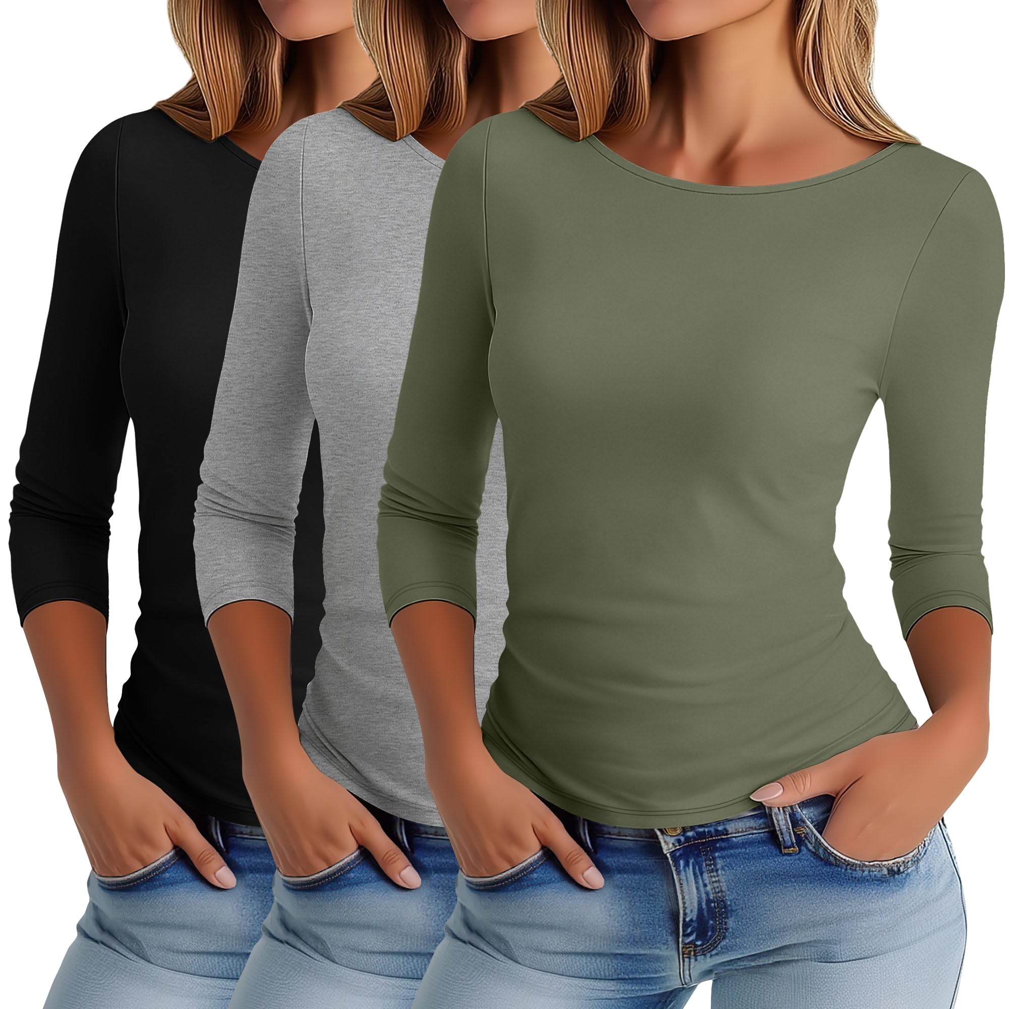 Photo 1 of Ficerd 3 Pack Women's 3/4 Sleeve Boat Neck Cotton T Shirts Slim Fit Tight Basics Top Casual Comfy Tees(Black, Army Green, Light Gray,Medium)