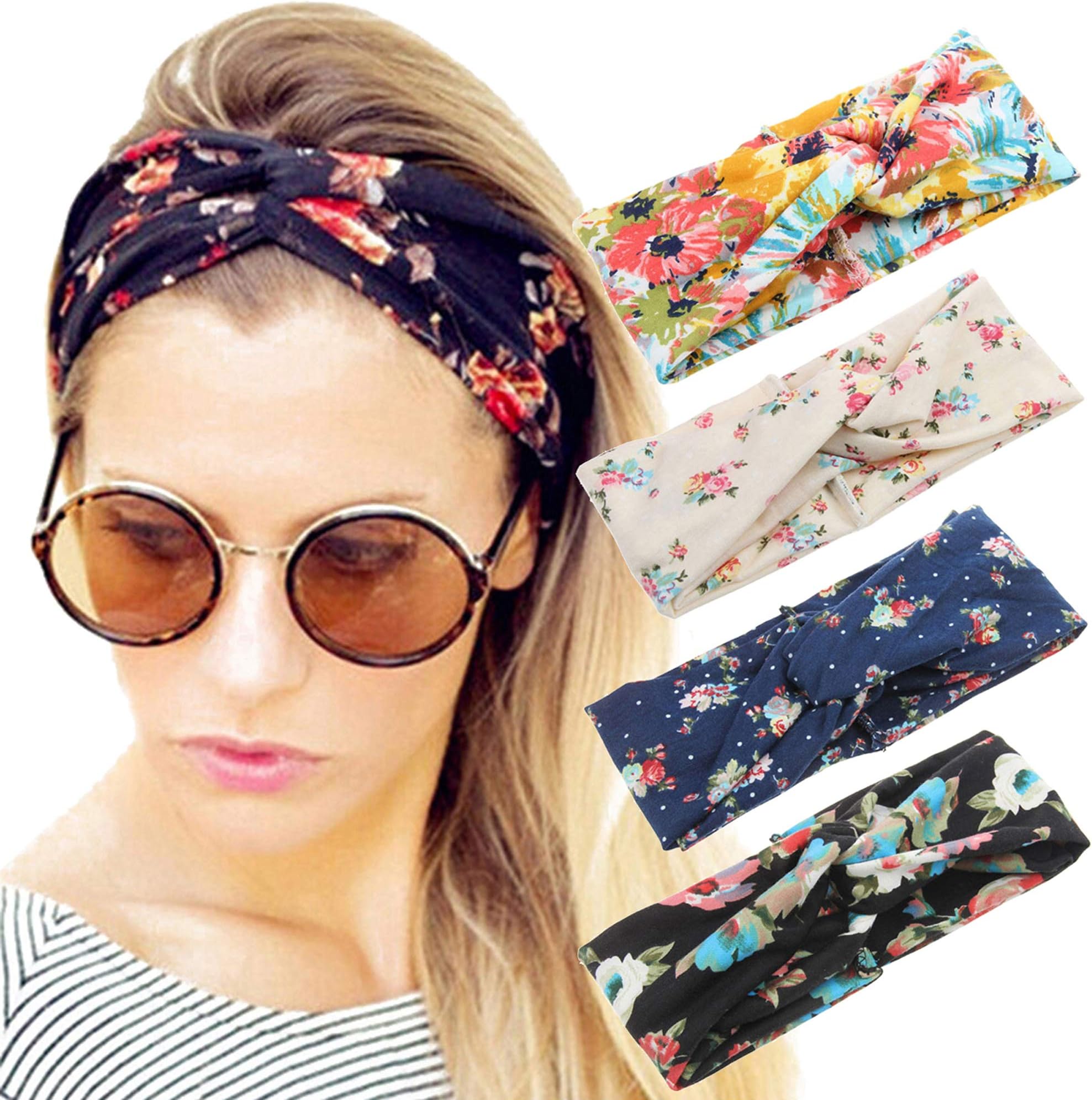 4 Pack Women Headband Boho Floal Style Criss Cross Head Wrap Hair Band Set1