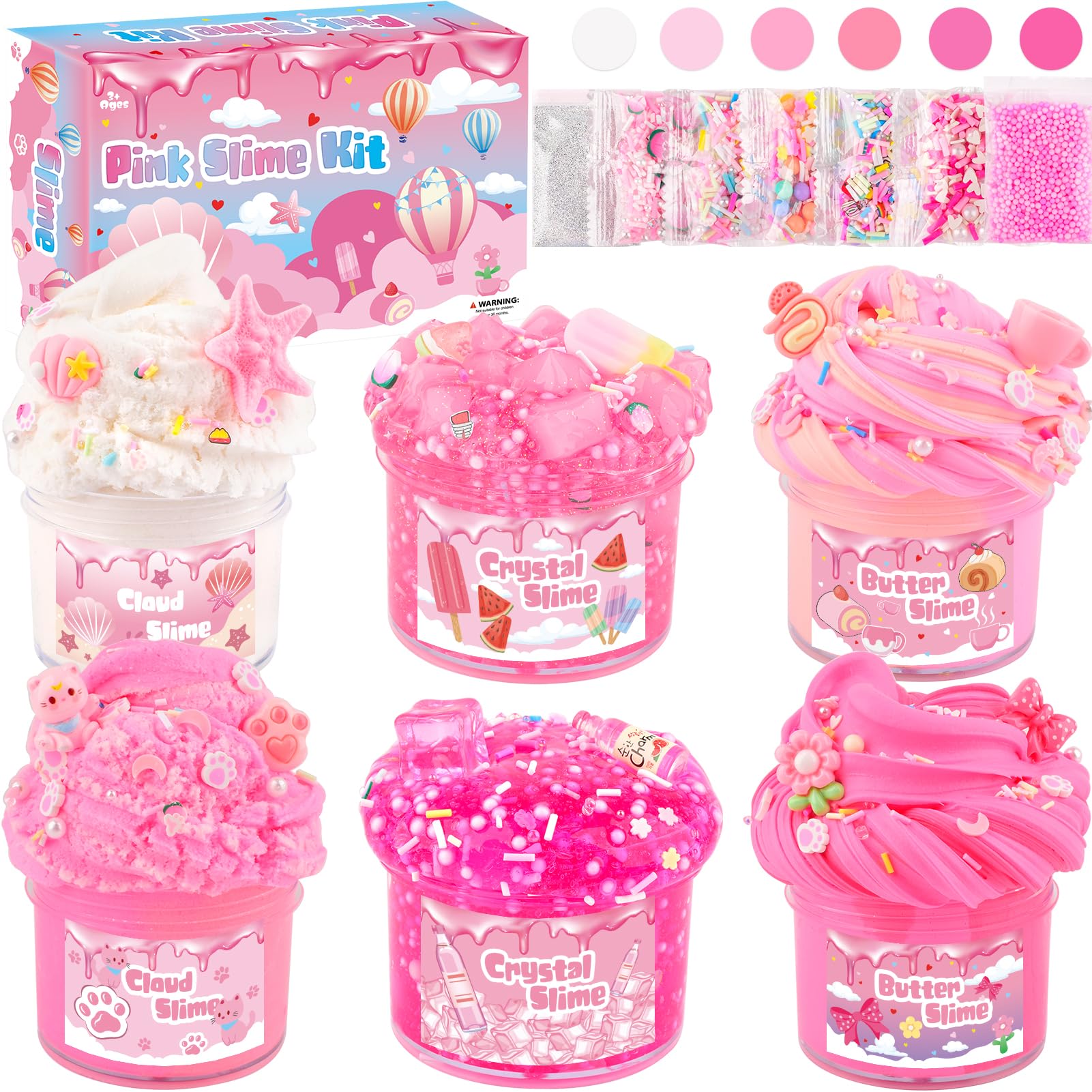 6 Pack Slimes Kit, Pink Slime Kids, Cloud Butter & Clear Slime, Party Favors, Toys for Girls Boys Ages 8-12, Goodie Bag Stuffers,9-10 Year Old Girls Birthday Gift Ideas Cute Stuff