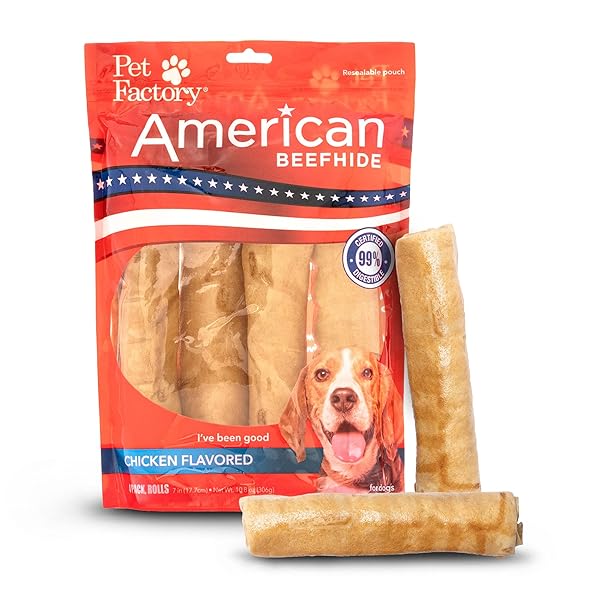 PET FACTORY AMERICAN BEEFHIDE 7″ ROLLS DOG CHEW TREATS – CHICKEN FLAVOR, 4 COUNT/1 PACK