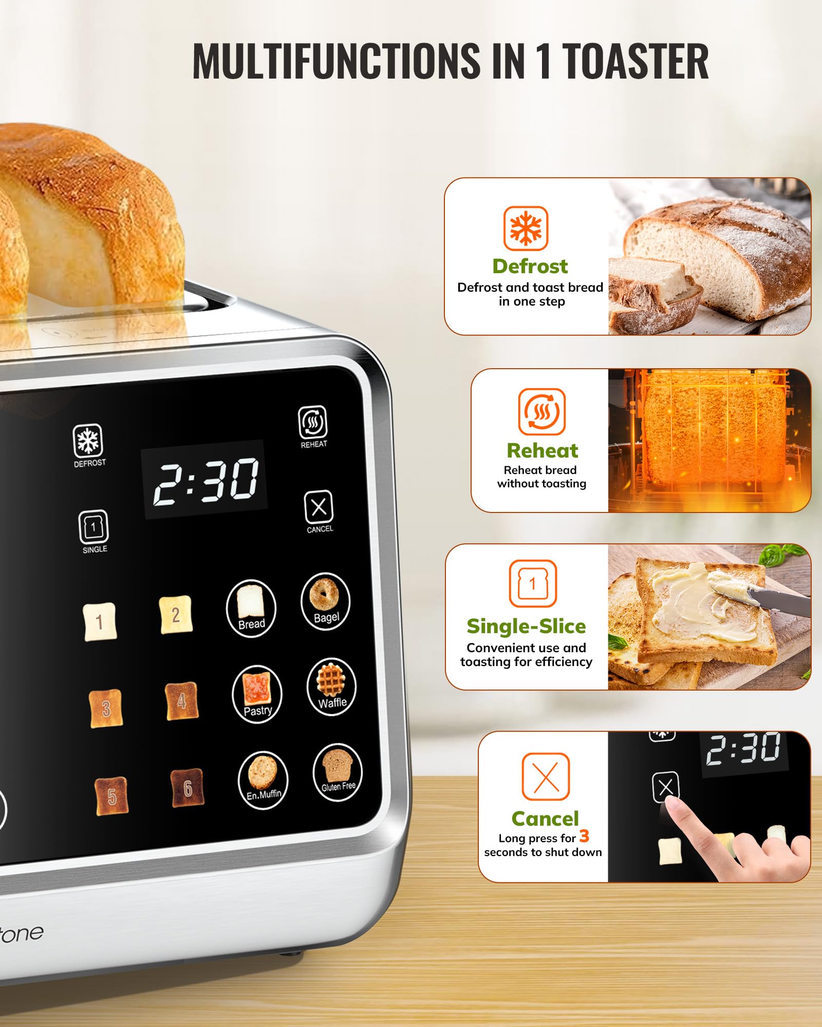 Tostadora Keenstone de 4 rebanadas, tostadora digital inteligente con pantalla táctil, panel de control dual, tostado de una sola ranura, temporizador, recalentar y descongelar para bagels, pan, gofres, elementos esenciales de cocina de acero inoxidable