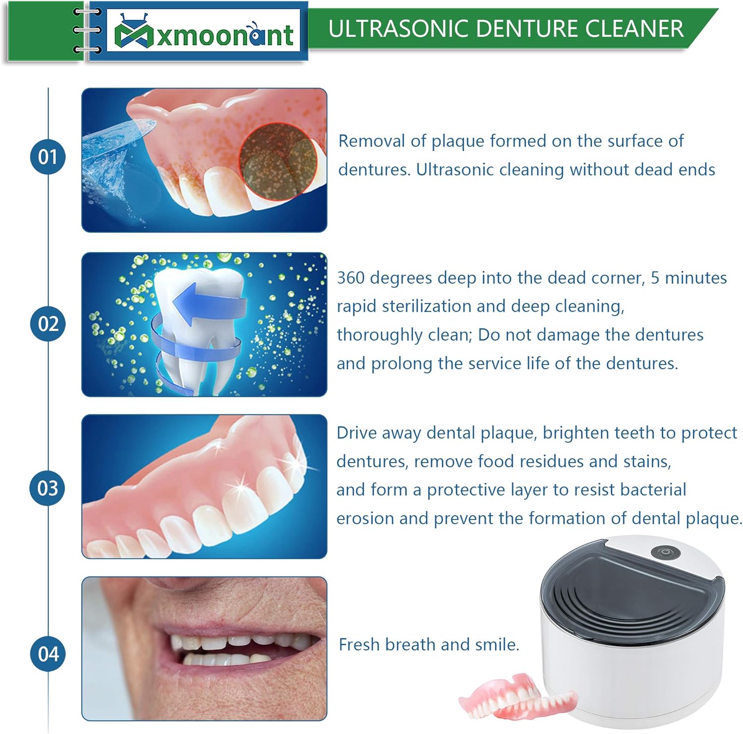 Mxmoonant Denture Bath Ultrasonic Denture Cleaning Machine Professional