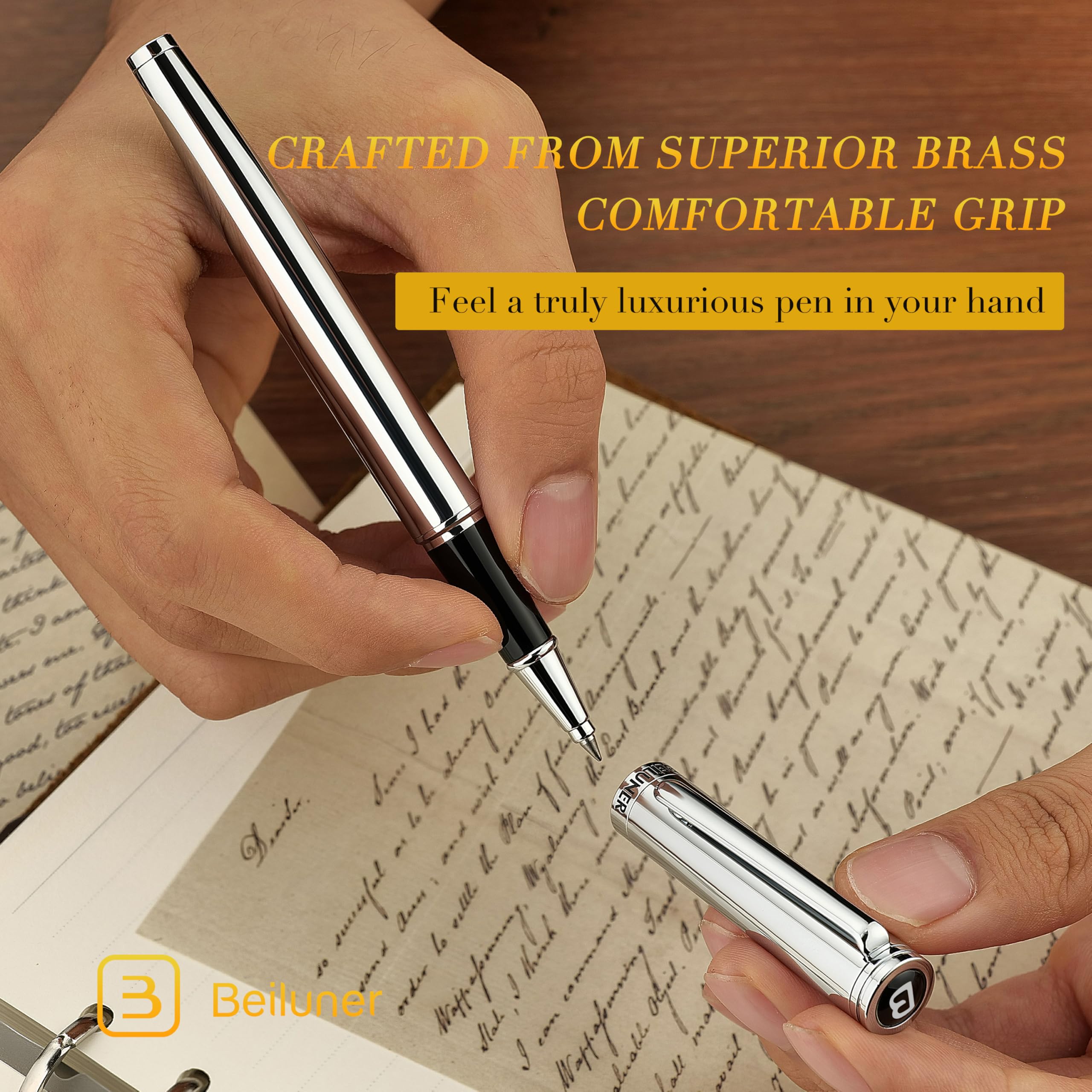 BEILUNER Hochwertiger Tintenroller mit Echtvergoldung - Professioneller Kugelschreiber mit schwarzer Schneider 850 Mine - Geschenkbox - Luxus Schreibgerät für Business & Geschenkanlässe(Blau) 5