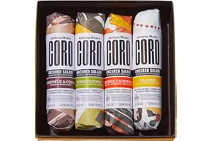 Coro Uncured Salami Gift Box – 4 Artisan Salami Sticks (5oz Sticks) | Classic with Garlic & Ginger, Chipotle & Cocoa, Orange Cardamom, Finocchiona | All Natural, Gluten-Free | Gourmet Charcuterie Gift