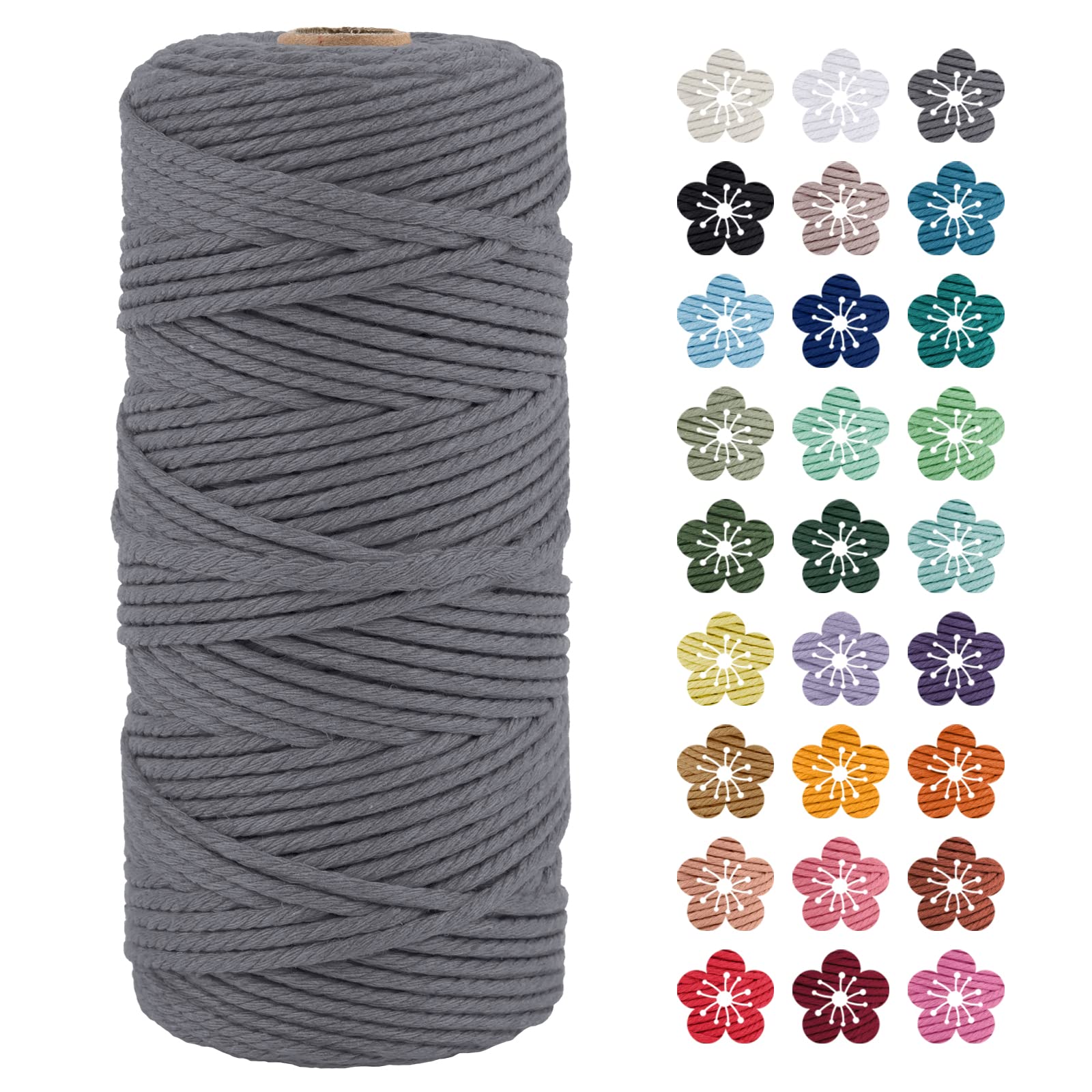 LEREATI Macrame Cord 3mm x 100m, Thick Macrame Rope Natural Cotton Rope Craft String, 4 Strand Twisted Cotton Cord Yarn for DIY Plant Hanger, Wall Hanging, Christmas Decoration (Gray)