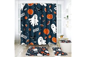 ArtSocket Fun Halloween Cute Ghosts Bathroom Set with Shower Curtain and Rugs Accessories, Pumpkins Halloween Spooky Shower Curtain Set, Spooky Shower Curtain for Bathroom Decor 4 Pcs