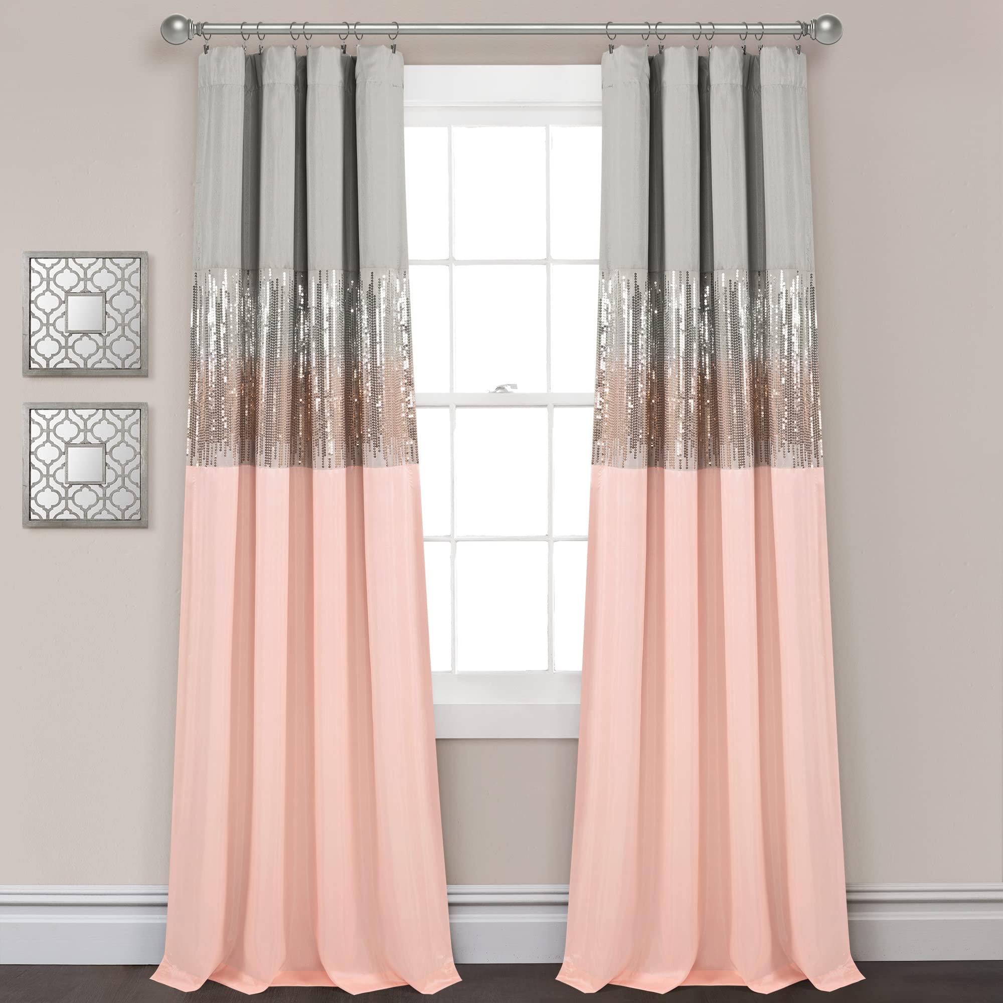 Lush Decor Night Sky 100% Blackout Lined Window Curtain Panel, Single, 42" W x 84" L, Gray & Blush - Sparkle Sequins & Color Block - Modern Glam Decor - Blackout Curtains For Bedroom & Living Room