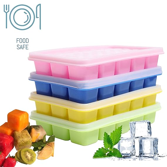 Eiswürfelform (4 Stück) Silikon Eiswürfelbehälter,BPA frei Eiswürfel Form - Eiswuerfelbehaelter Mit Deckel , 15 Würfel Eiswür