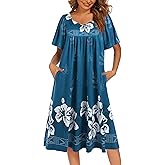 Ekouaer Women's House Dress - Pleated Nightgown with Short Sleeves & Pockets
