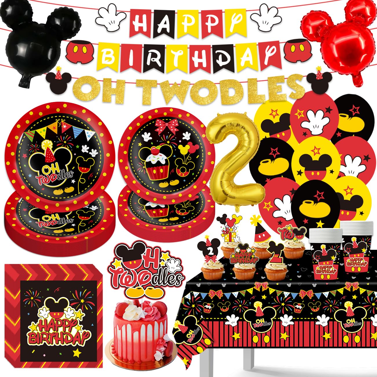 Photo 1 of 108Pcs Mouse Birthday Decorations, Oh Twodles Happy Birthday Theme Party Decorations, Including Banner, Tablecloth, Mouse Head Balloons, 12 latex Balloons, Plates, Napkins, Cups, Cupcake Toppers
