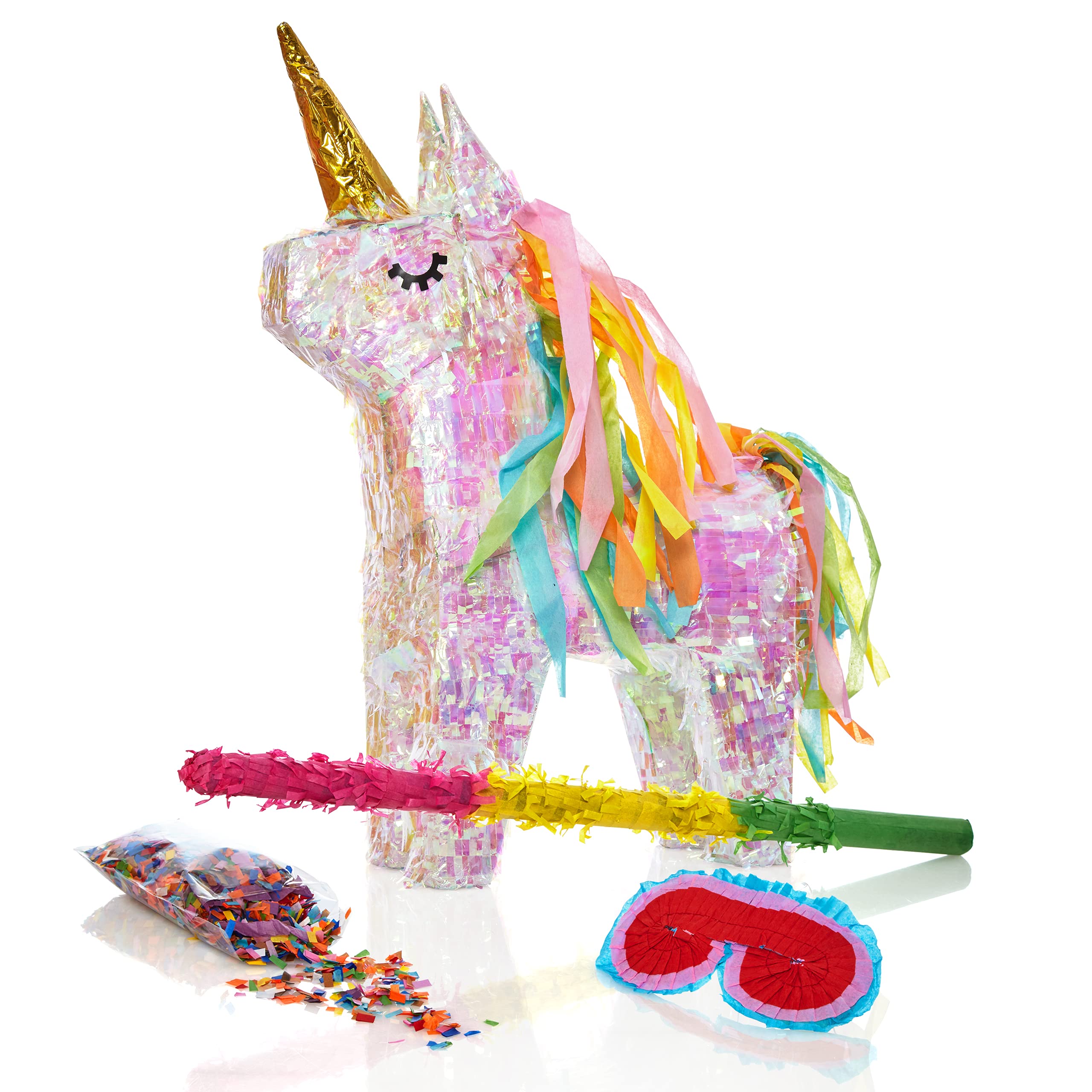 Lumaland Pinata set Holographic Magic Unicorn irridescent Rainbow Glitter Style with stick, confetti bag & paper mask