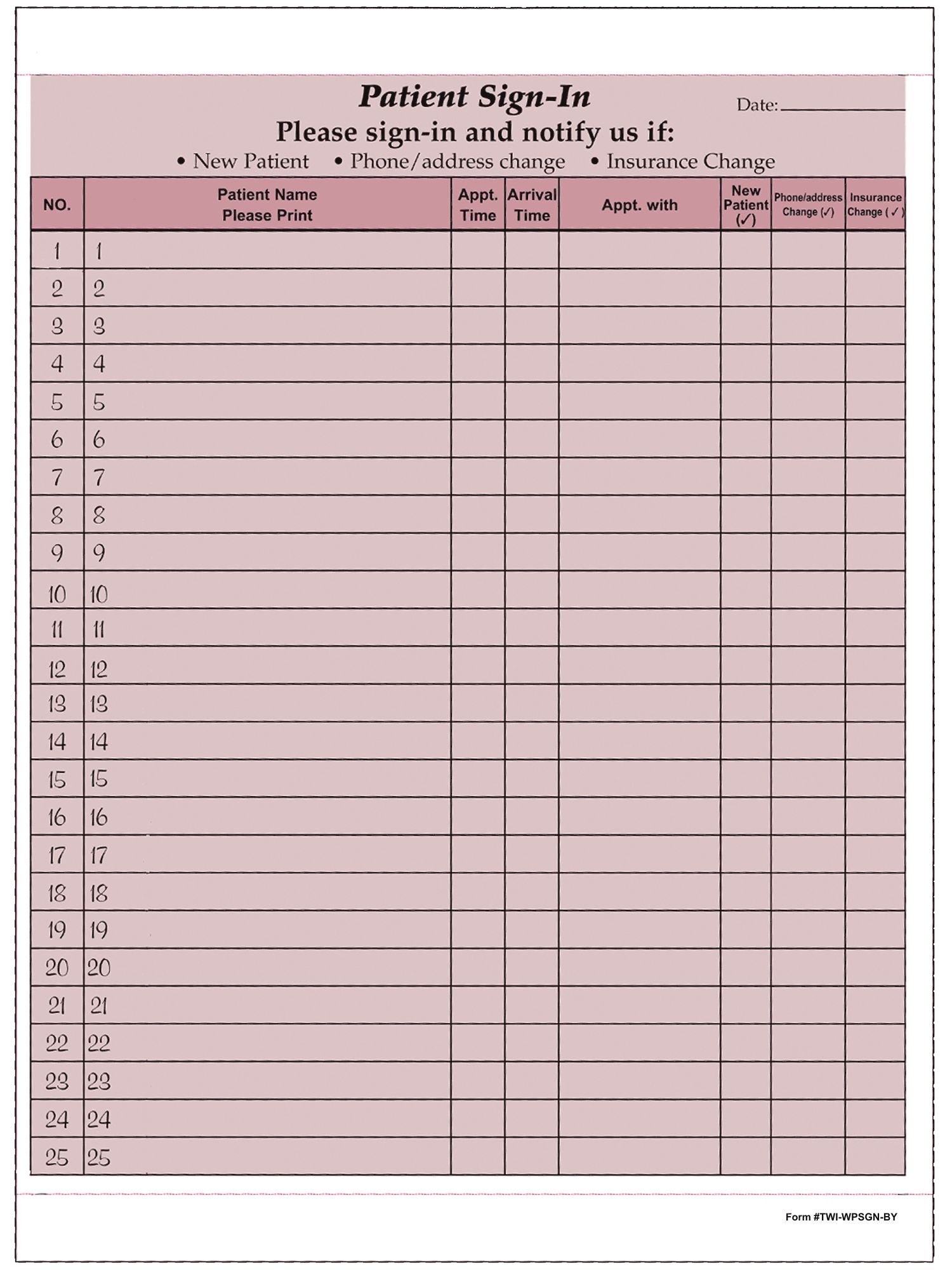 Patient Sign-in Sheets, 8-1/2" X 11" (Burgandy) Carbonless Form (Lot of 250 Sheets) HIPAA Compliant