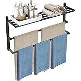 Matte Black 32 InchTowel Racks for Bathroom, VOTZAAQ Black Towel Shelf with Double Towel Bar, 3 Tier Stainless Steel Towel Storage, Bath Towel Holder Wall Mounted