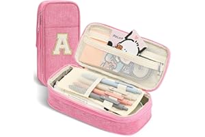 GIFTOXO Pencil Bag, Pencil Case for Girls Women, Preppy Pencil Case, Large Initial Pencil Pouch with Zipper, Back to School Supplies, Aesthetic Pen Case Box for Kids Teen Girls - A(Pink)