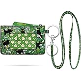 GEGEPINK ID Case Keychain Wallet with Lanyard Minimalist Water Resistant Small Coin Pouch with Clear ID Window Cute Zipper Coin Pouch-Black Cat Floral Wallet Keychain