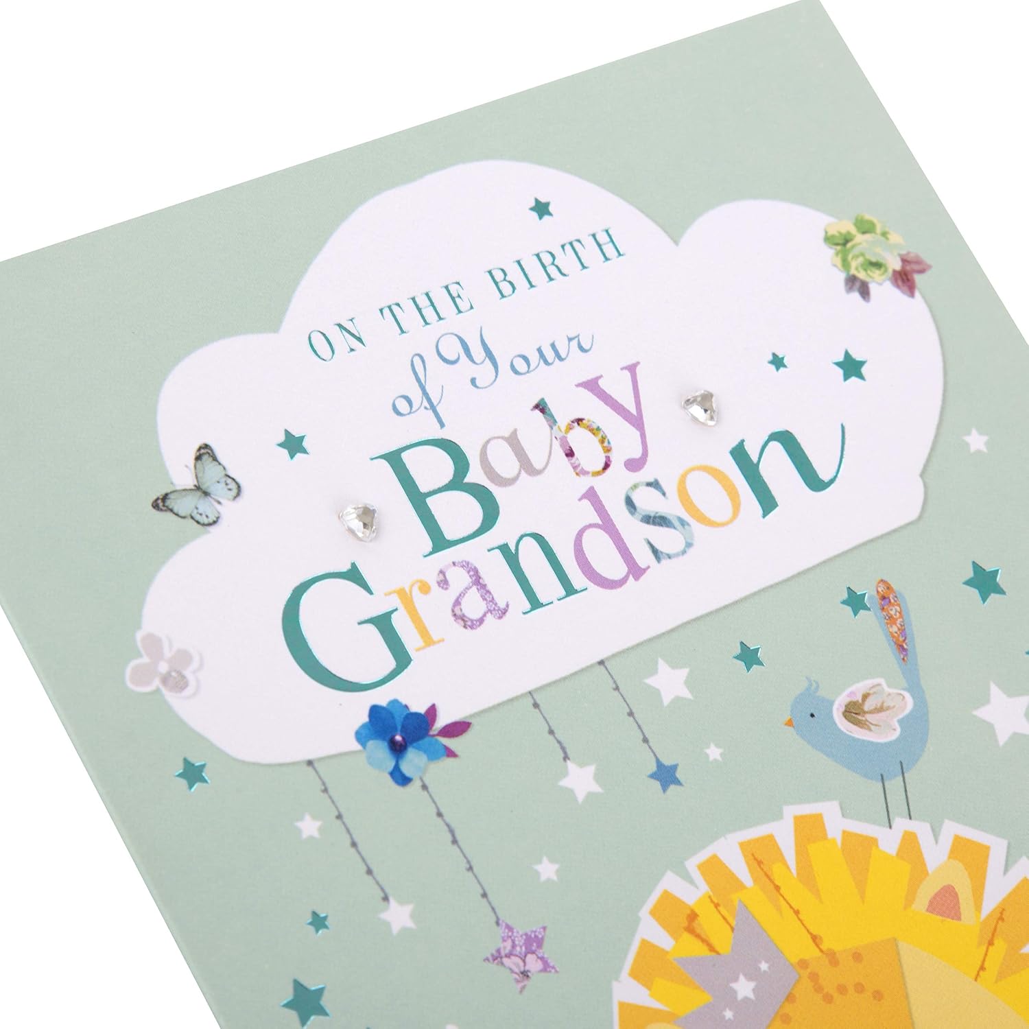 Hallmark New Grandson Birth Congratulations Card - Cute Lion Design with Blue Foil Details and Gem Attachments - Image 4