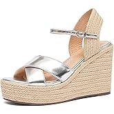 NEWBELLA Women's Bohemian Wedge Sandals - Linen Fabric High Heel Summer Sandals, Comfortable Platform Beach Shoes, Casual Dressy Buckle Sandals for Women
