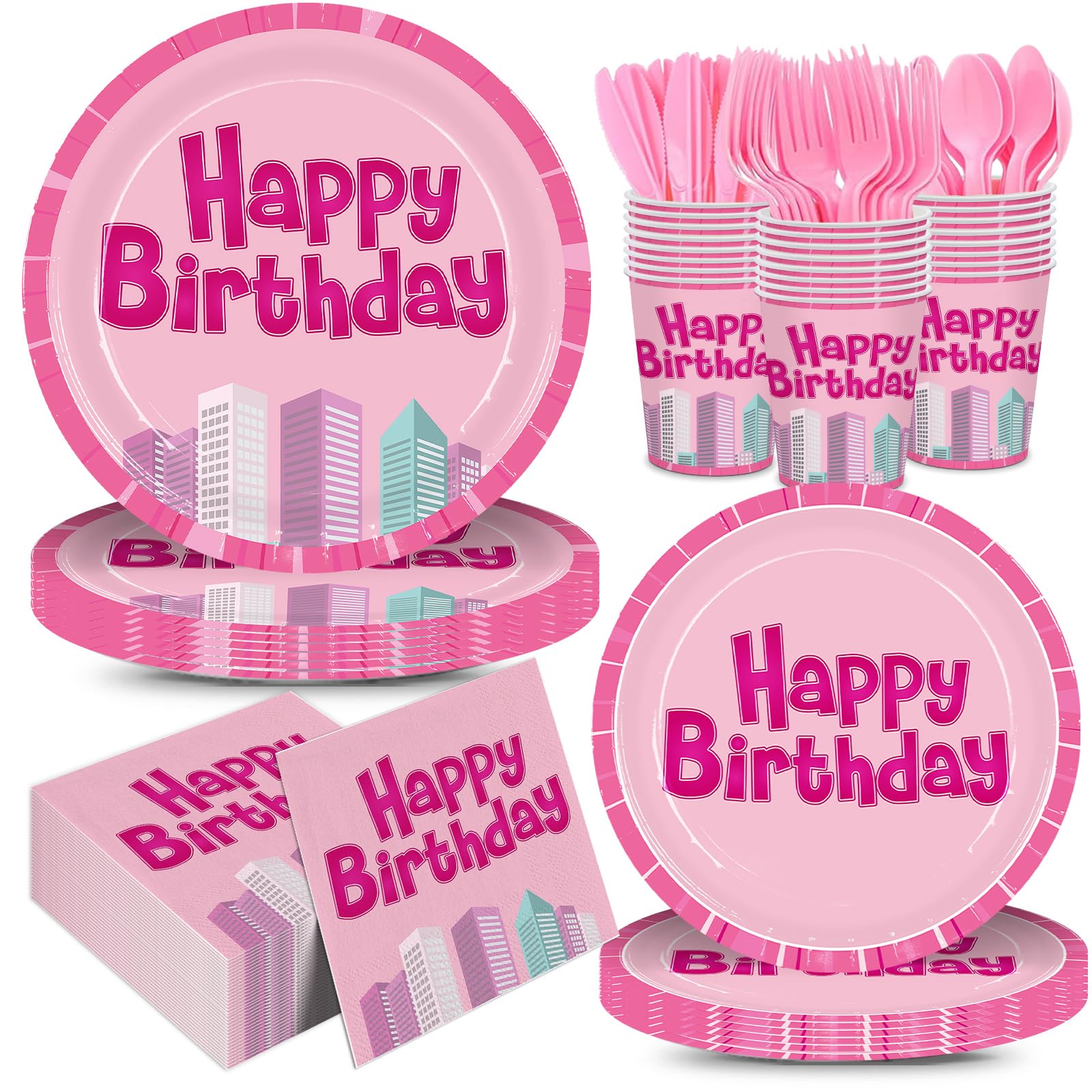 Photo 1 of 120pcs Birthday Party Supplies Birthday Plates Napkins Cups Paper Disposable Banner Tablecloth Tableware Decorations Severs 24 Guests