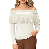 WLLW Women's Fringe Tops Juniors Boat Neck Sweater Long Sleeve Pullover Sweater Slim Fit Off Shoulder Sweaters
