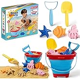 Collapsible Beach Toys Set for Kids, 1 Sand Bucket, Shovel, Rake, 3 Sand Molds and Mesh Storage Bag, Beach & Sandbox Toys for